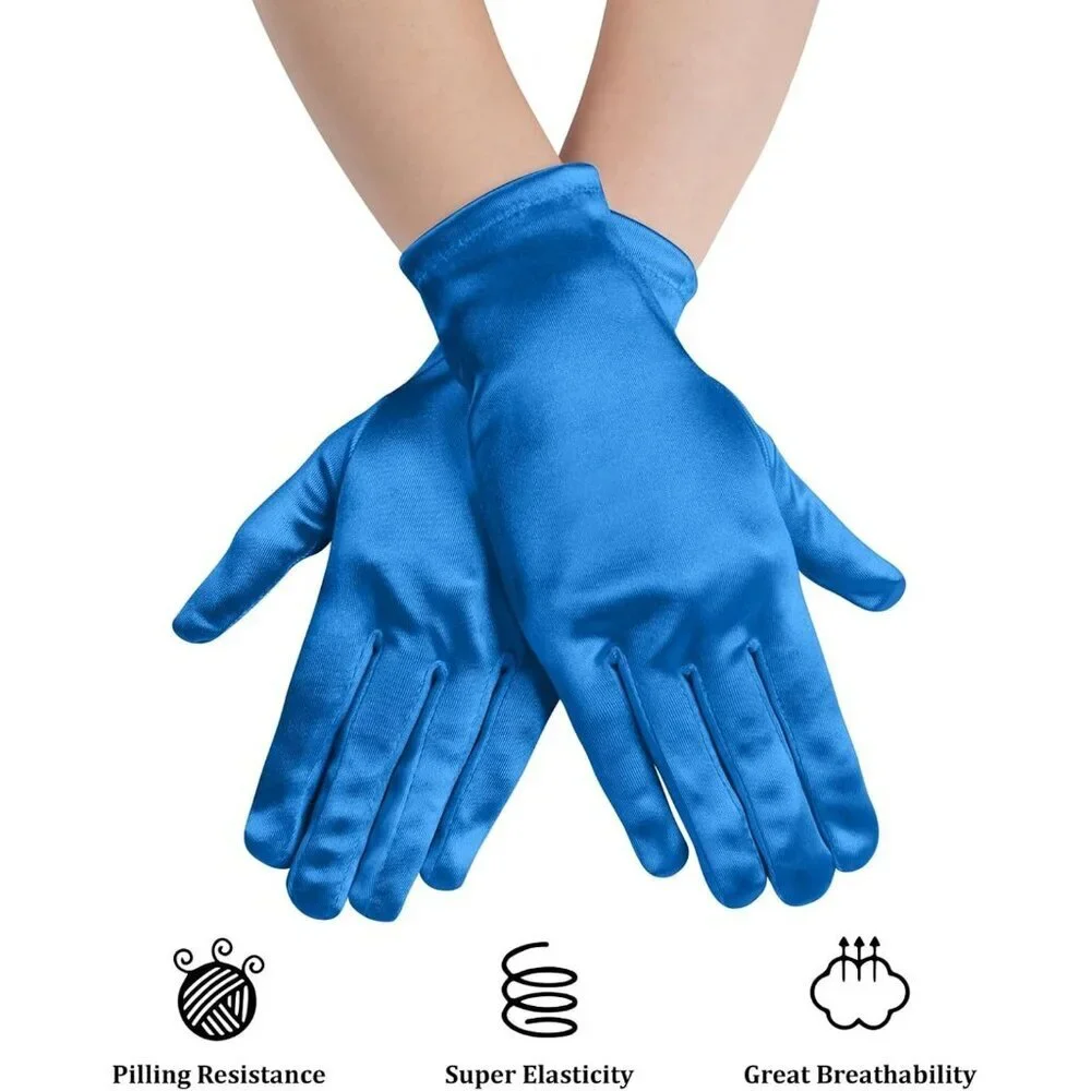 Women's Formal Short Blue Satin Gloves Bridal Wedding Banquet Party Costume